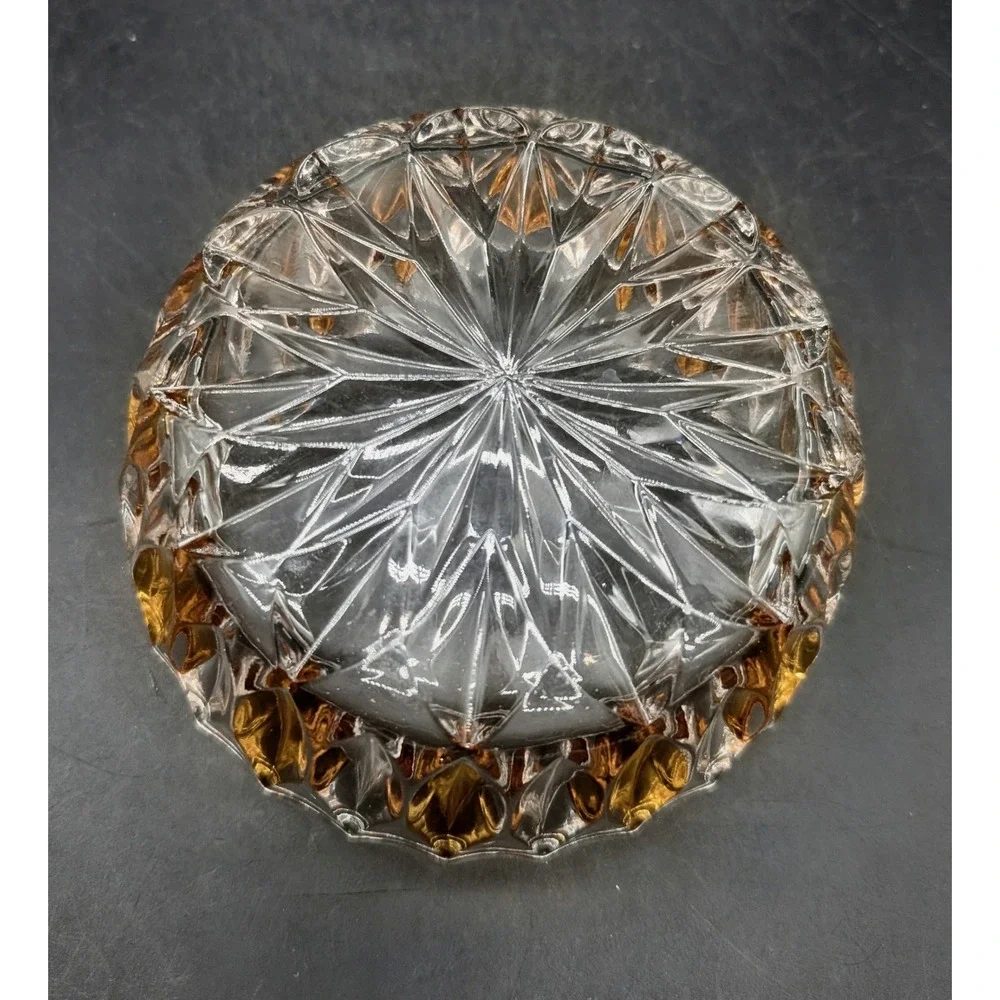 Vintage Amber Flash Cut Crystal Candy Bowl Starburst Base Scalloped Nut Dish MCM